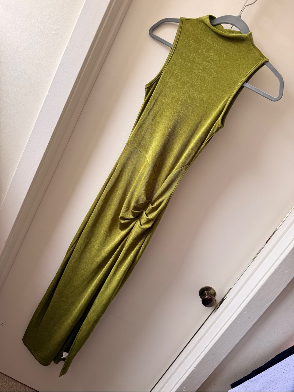 NWOT Commense Slinky Olive Green Sleeveless Ruched Mock Neck Maxi Dress XS